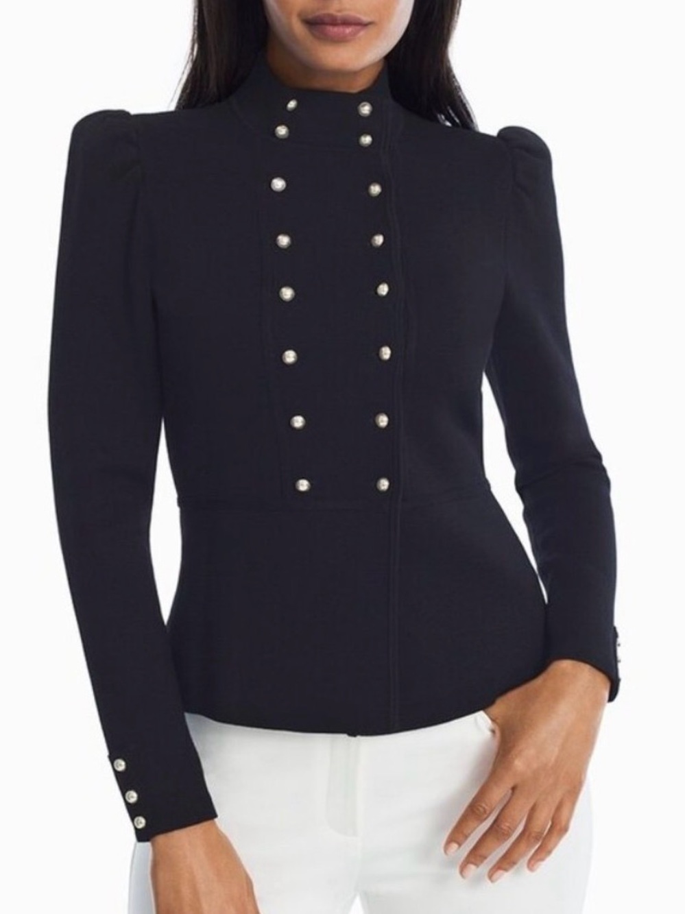 🔆WHBM Black Military Inspired Knit Blazer Jacket Puff Sleeve Silver Buttons XS